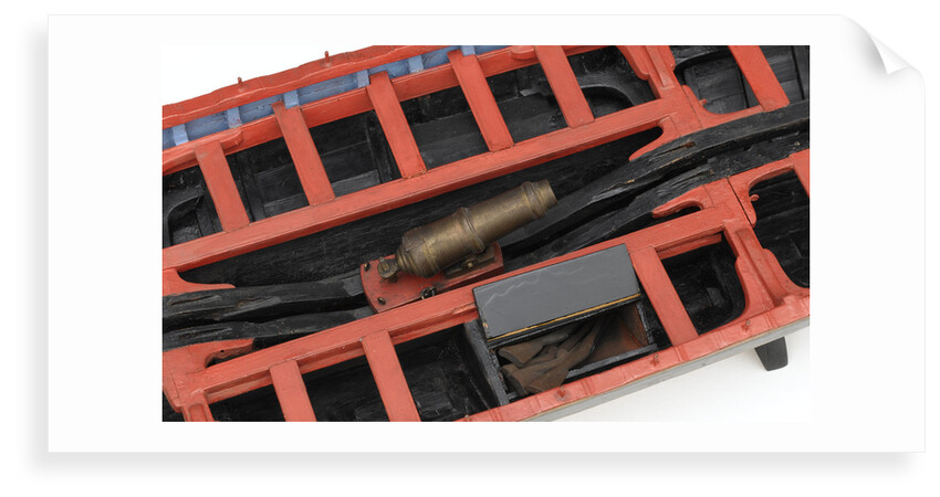 French gunboat, detail showing cannon stowed on bottom boards and box of rifles by unknown