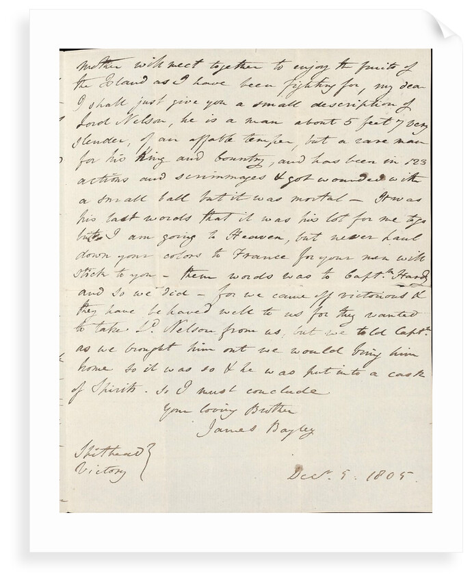 Letter from James Bagley sailor on the  Victory at Trafalgar, to his sister reporting on the battle. by James Bagley