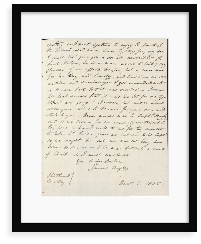 Letter from James Bagley sailor on the  Victory at Trafalgar, to his sister reporting on the battle. by James Bagley