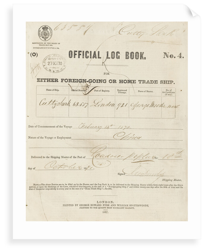 Official logbook of 'Cutty Sark' (1869) recording a voyage from London to China in 1870 under the command of Captain Moodie by unknown