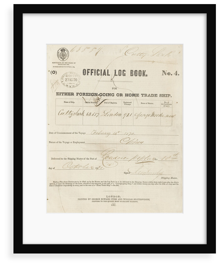 Official logbook of 'Cutty Sark' (1869) recording a voyage from London to China in 1870 under the command of Captain Moodie by unknown