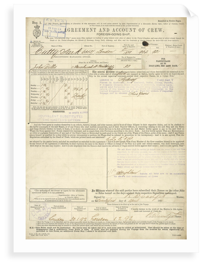 1891 crew list for 'Cutty Sark' (1869) by unknown