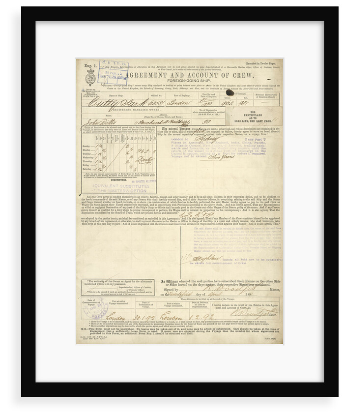 1891 crew list for 'Cutty Sark' (1869) by unknown