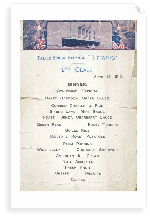 Second Class dinner menu from the last night on the RMS 'Titanic', 14 April, 1912, kept by survivor Mrs Bertha J. Marshall (nee Watt) by unknown