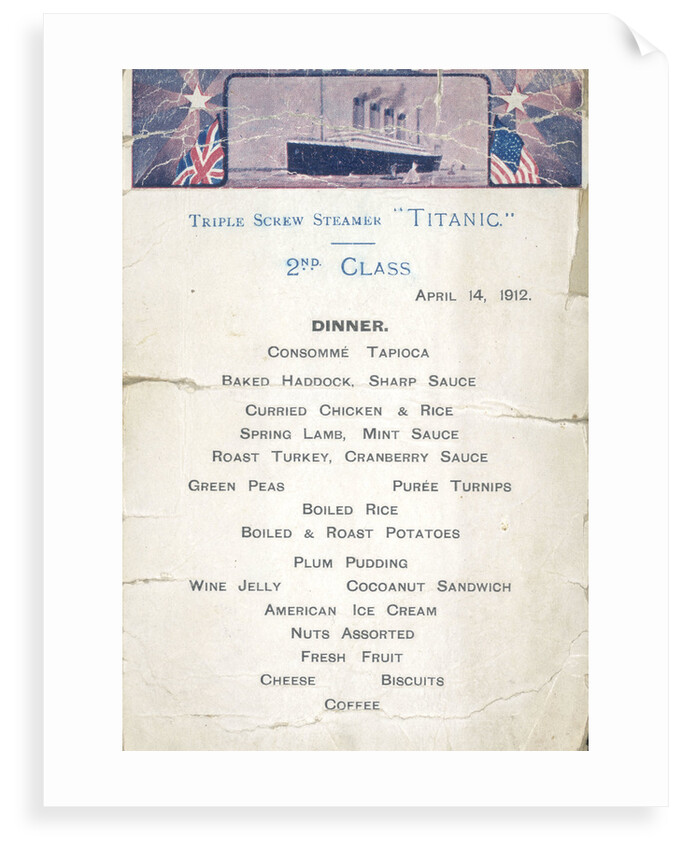 Second Class dinner menu from the last night on the RMS 'Titanic', 14 April, 1912, kept by survivor Mrs Bertha J. Marshall (nee Watt) by unknown
