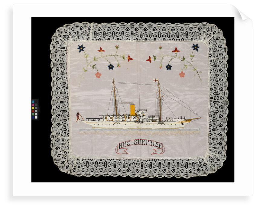 An embroidered silk cushion, showing HMS 'Surprise' by unknown
