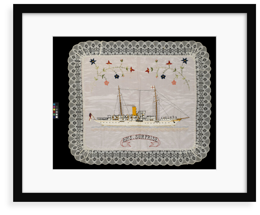 An embroidered silk cushion, showing HMS 'Surprise' by unknown