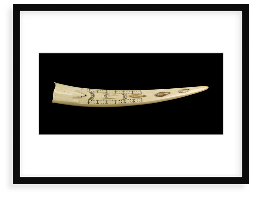 A cribbage board and two pegs, carved from a walrus tusk with a polar bear, walrus head, and three seals carved in relief by Inuit