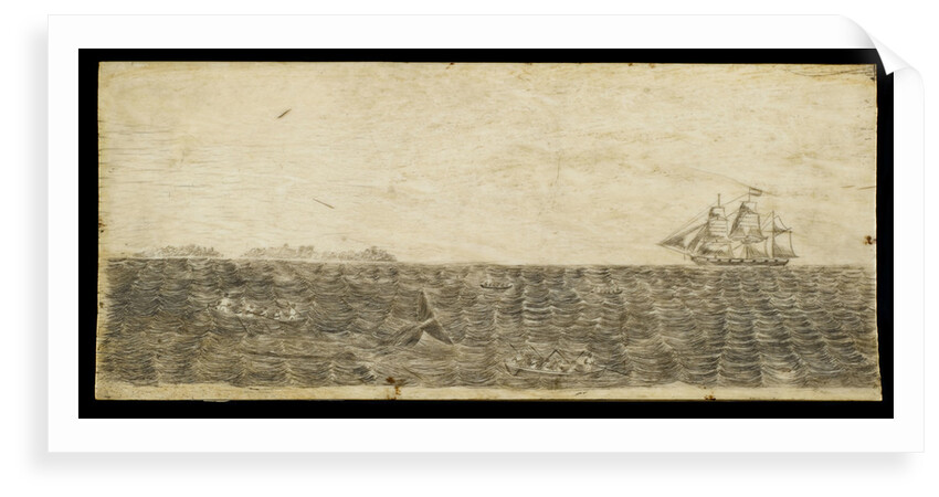 A whalebone panel engraved with a scene showing a whaling vessel in full sail on the horizon by unknown