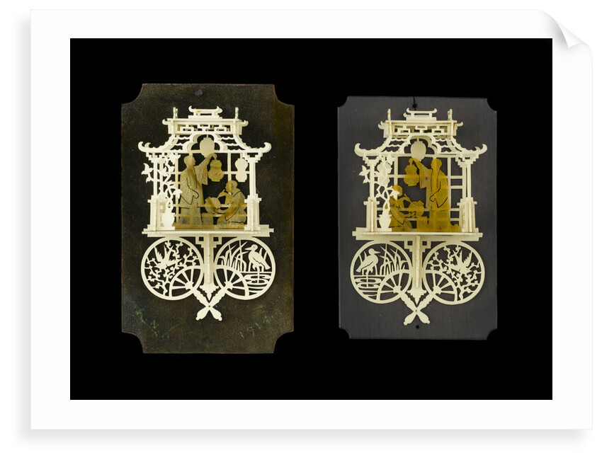 A pair of bonework plaques depicting fretwork Chinese pavilions by Ernest Edwin Russell