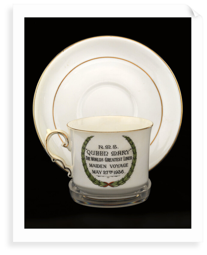 Cup and saucer commemorating the maiden voyage of  RMS 'Queen Mary' by John Aynsley & Sons Ltd.