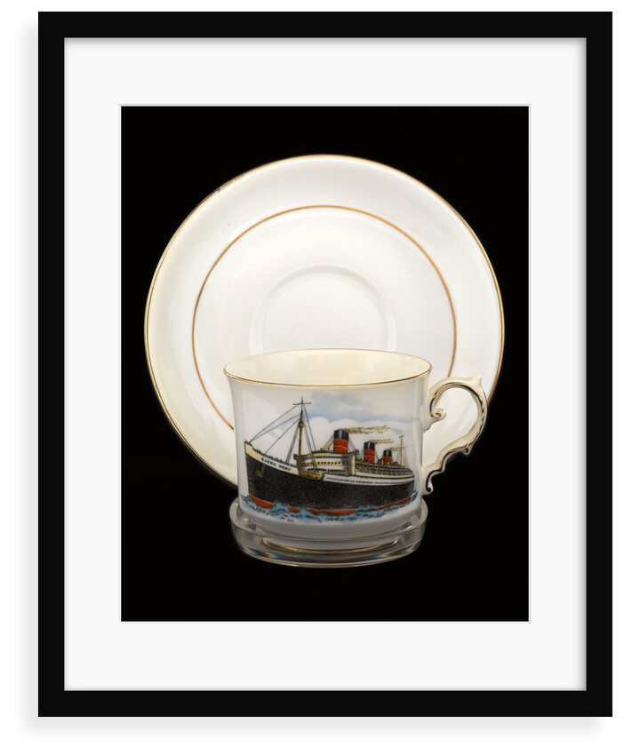 Cup and saucer commemorating the maiden voyage of  RMS 'Queen Mary' by John Aynsley & Sons Ltd.