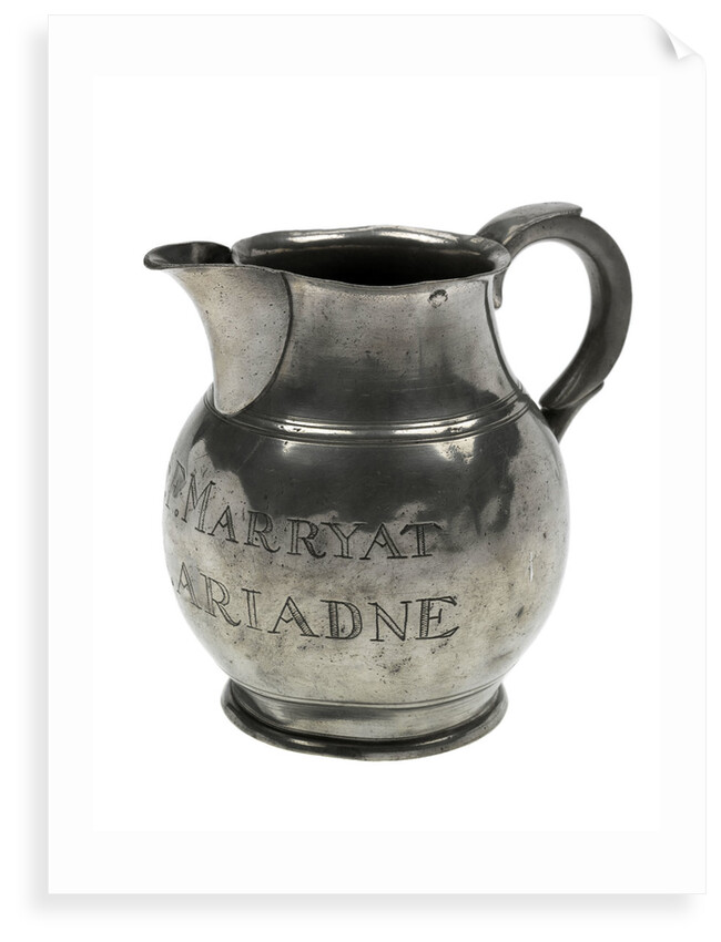 Pewter ale jug said to have been owned by Frederick Marryat (1792-1848), naval officer and novelist, but with bogus inscriptions and marks by unknown