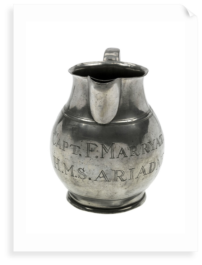 Pewter ale jug said to have been owned by Frederick Marryat (1792-1848), naval officer and novelist, but with bogus inscriptions and marks by unknown