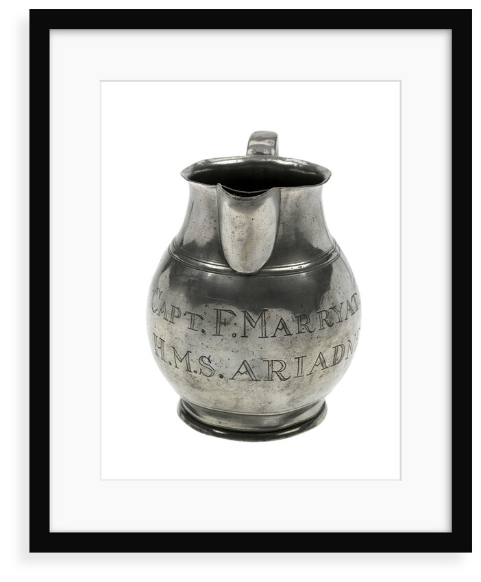 Pewter ale jug said to have been owned by Frederick Marryat (1792-1848), naval officer and novelist, but with bogus inscriptions and marks by unknown