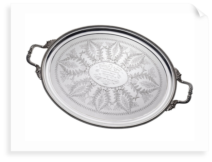 Tray presented to Captain G.D. Taylor (born 1835), on his retirement as Dockmaster, London Docks by G. & S.