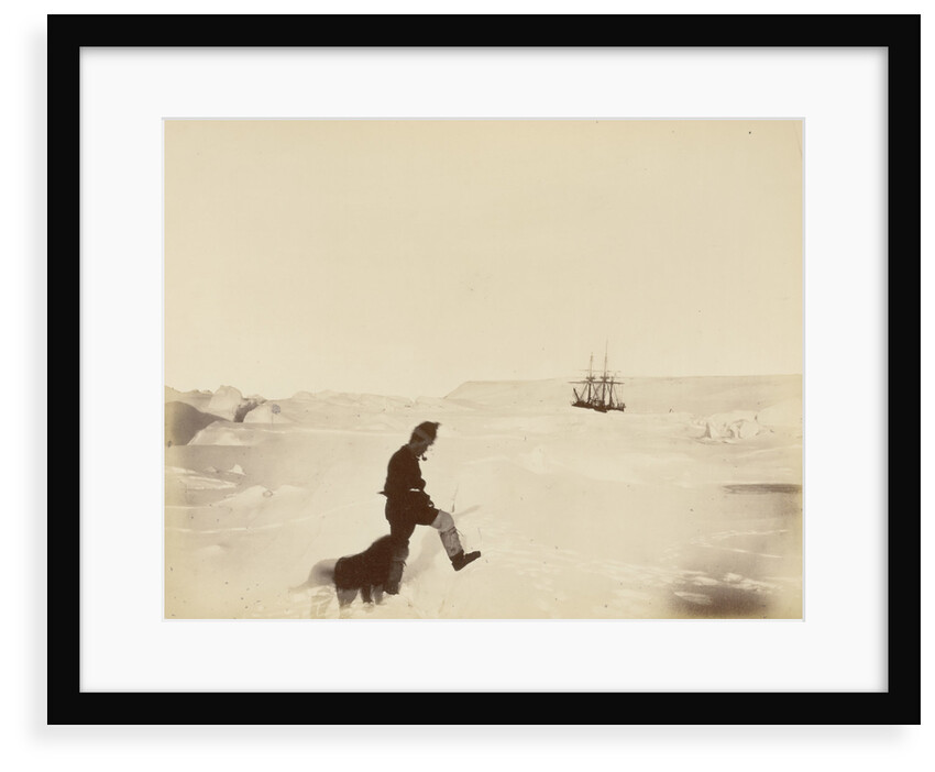 Winter quarters of the 'Alert'; Cape Rawson in the distance; Mr White and 'Nelly', during British Arctic Expedition, 1875-1876. by George White