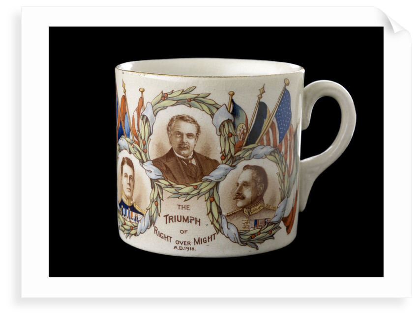 White mug commemorating World War I victory by Grimwades Ltd.
