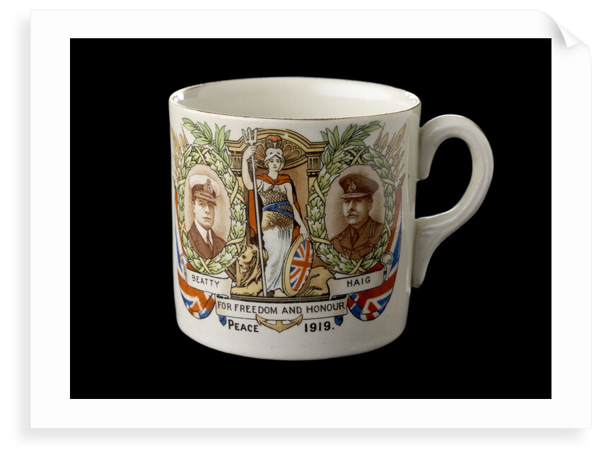 White mug printed in colour in commemoration of the Peace ending World War I by unknown