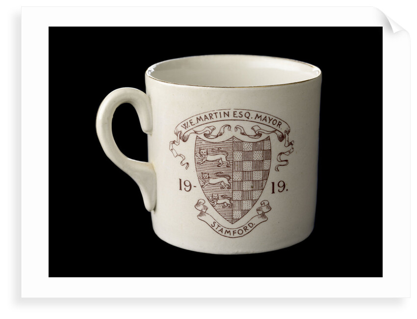 White mug printed in colour in commemoration of the Peace ending World War I by unknown