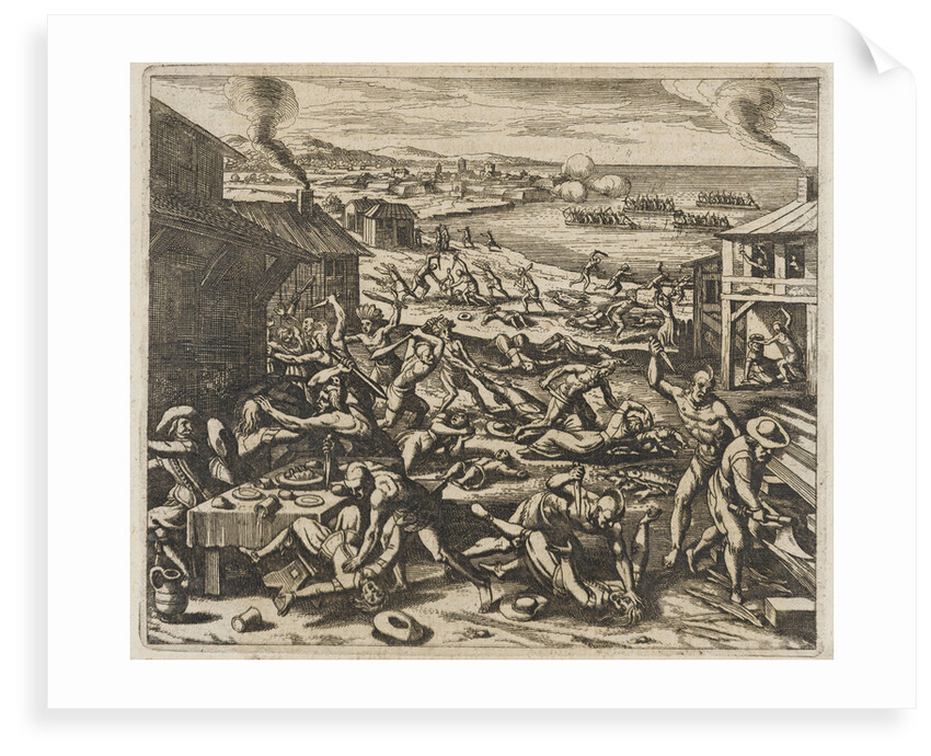 Virginia; Indians slaughtering the English near Jamestown by Gottfried