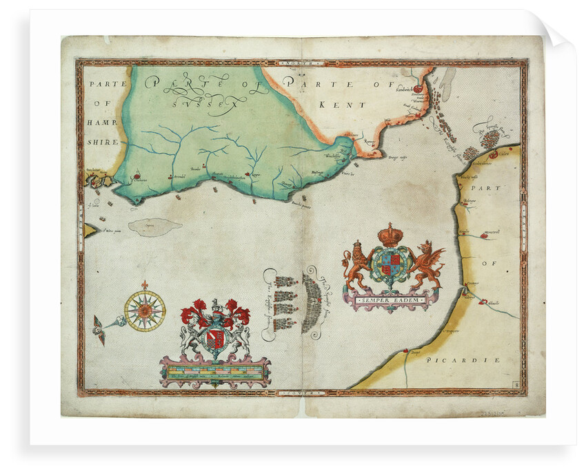 Map of 'The pursuit to Calais, 4 - 6 August 1588' by Robert Adams; Augustine Ryther