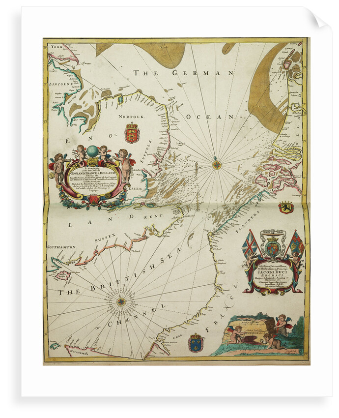 A new mappe of the sea coasts of England, France and Holland, wherein the English names, situation, point of the compass, and distance of the several ports, harbours, havens, creeks, sands. by John Seller