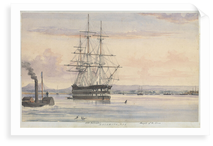 Watercolour of the 'Bellerophon' at Kalamita Bay, Heights of the Alma, September 1854 from the logbook of HMS 'Trafalgar' kept by Captain Hereford by Edward William Hereford