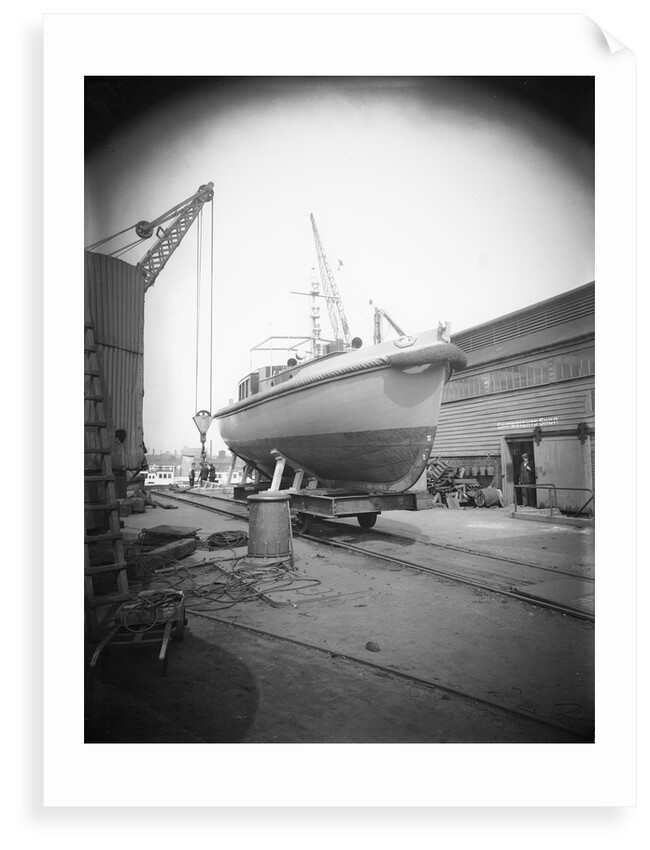 PGML 16 (1936) (Palestine Government Motor Launch) on a cradle outside the shipwright's shop at Woolston, being prepared for shipment to Palestine by unknown