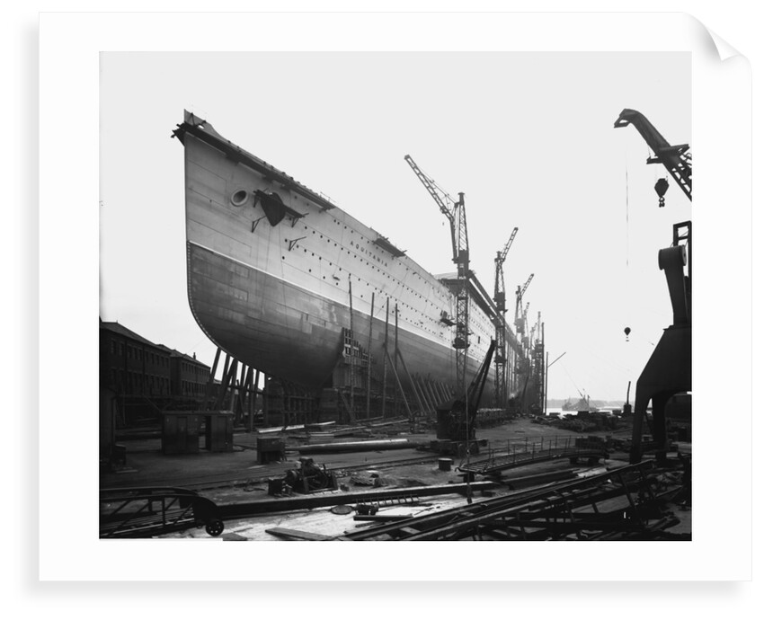 Bow view of the 'Aquitania' (1914) on the stocks by Bedford Lemere & Co.