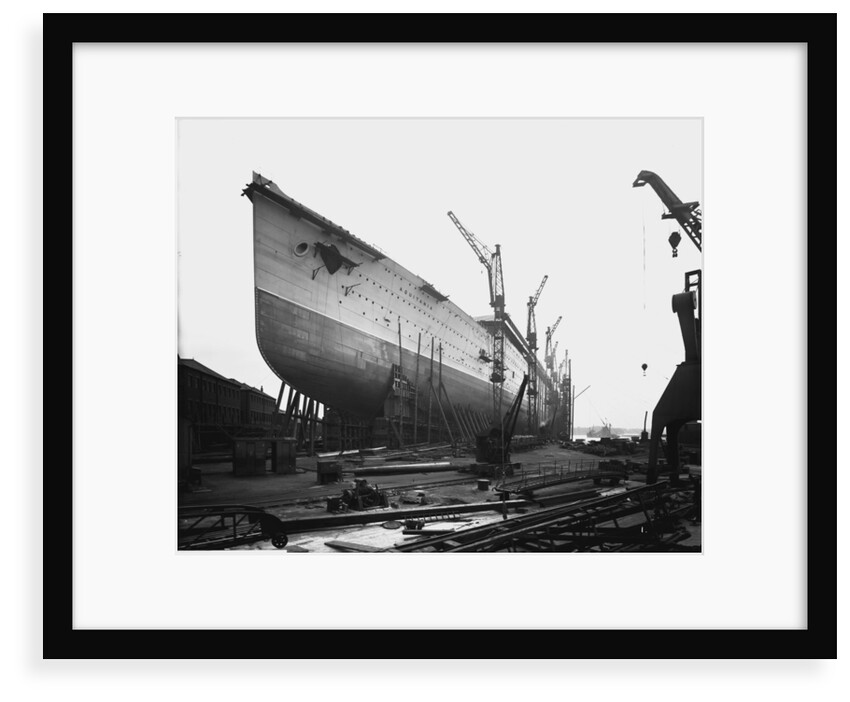 Bow view of the 'Aquitania' (1914) on the stocks by Bedford Lemere & Co.