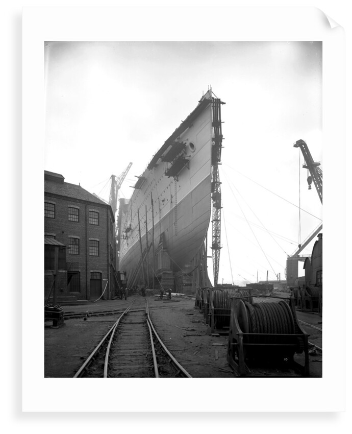 Bow view of the 'Aquitania' (1914) on the stocks by Bedford Lemere & Co.