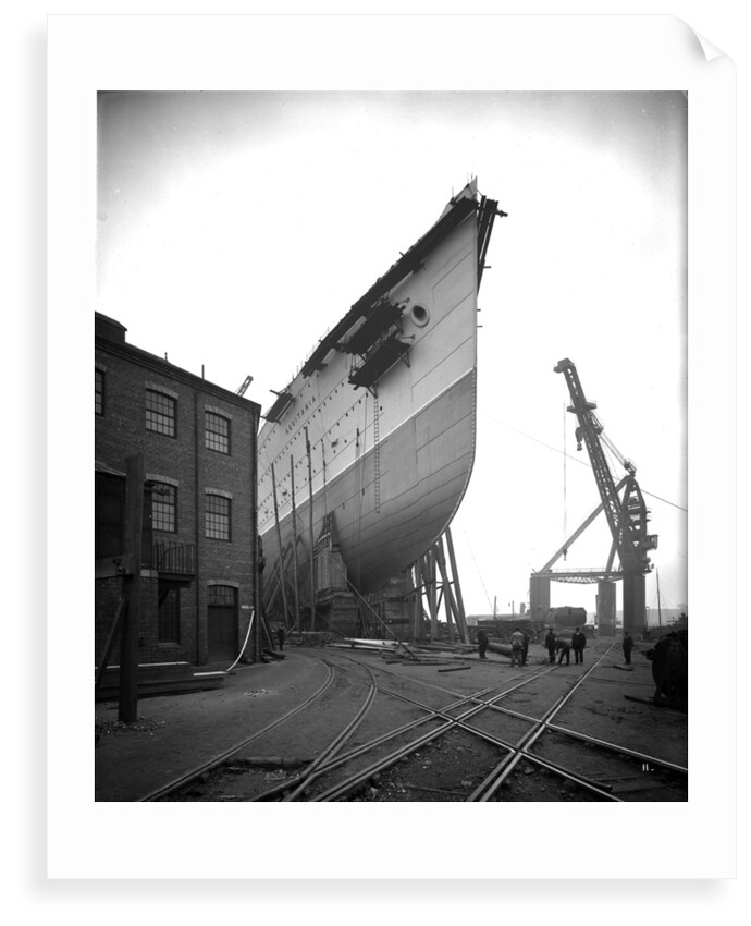 Bow view of the 'Aquitania' (1914) on the stocks by Bedford Lemere & Co.