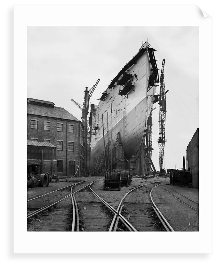 Bow view of the 'Aquitania' (1914) on the stocks by Bedford Lemere & Co.