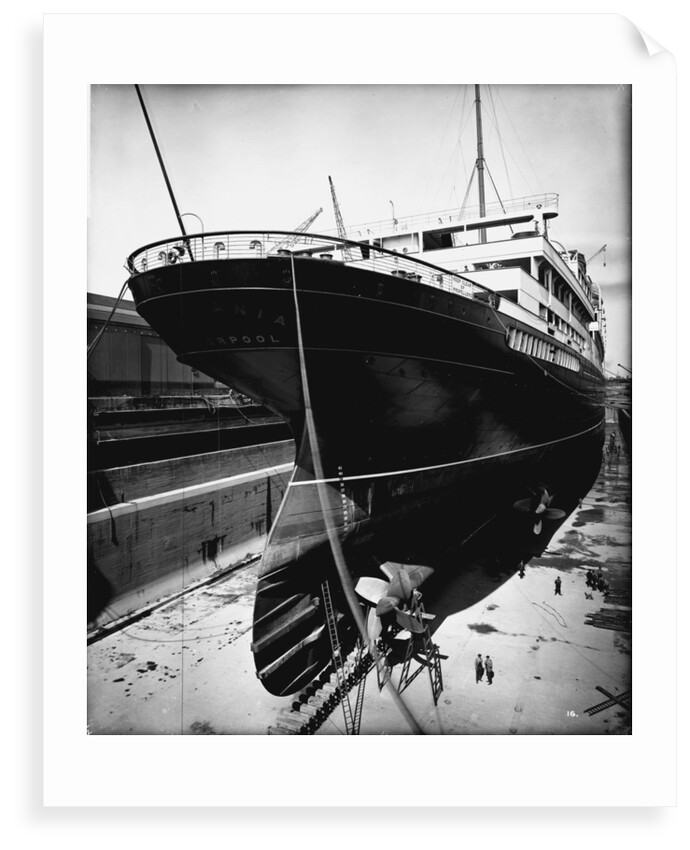 Stern view of the 'Aquitania' (1914) in drydock by Bedford Lemere & Co.
