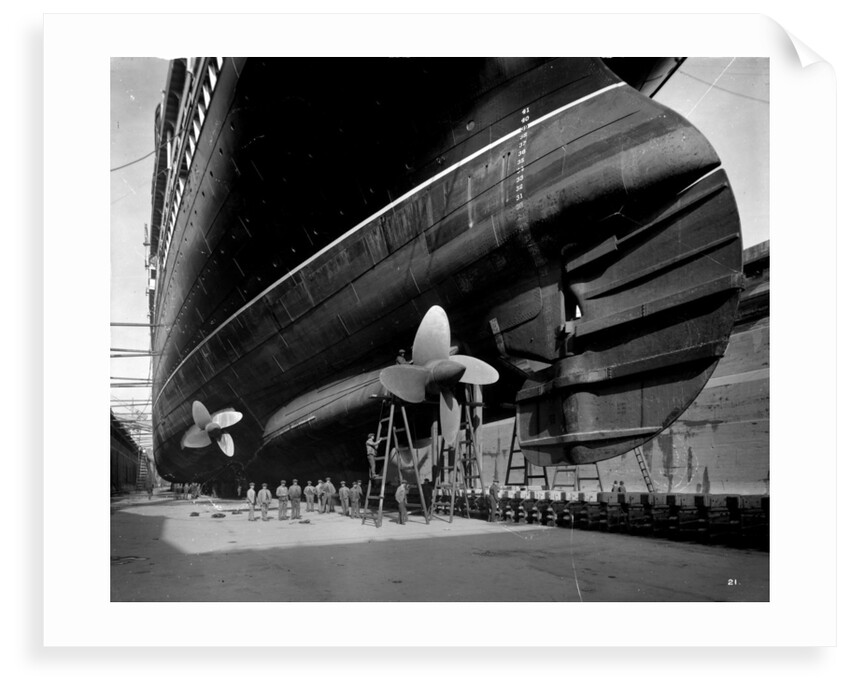 Stern view of the 'Aquitania' (1914) in drydock by Bedford Lemere & Co.