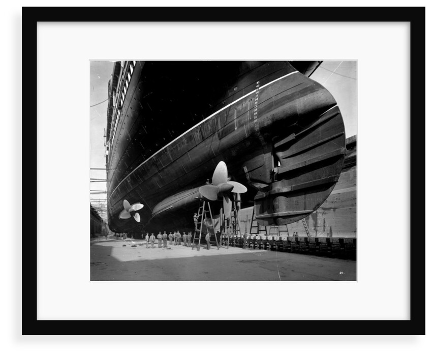 Stern view of the 'Aquitania' (1914) in drydock by Bedford Lemere & Co.