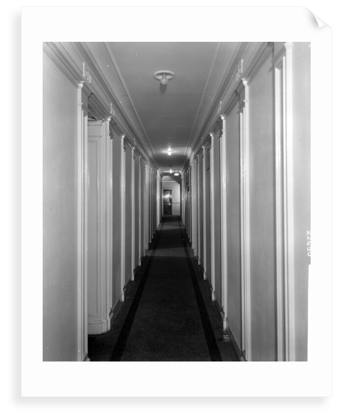 Corridor in First Class accommodation on the 'Aquitania' (1914) by Bedford Lemere & Co.