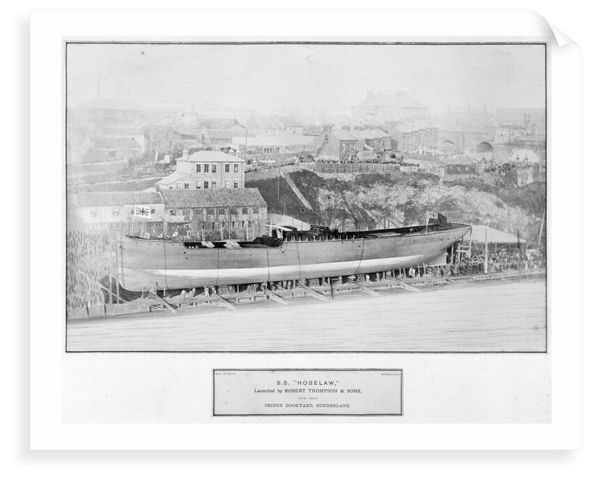 General view of the bridge yard, showing the steamer 'Hoselaw' (1883) on the ways on the day of her launch by unknown