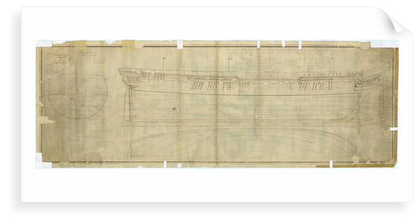 Plan showing the body plan, sheer lines, and longitudinal half-breadth for 'Leda' (1800), and later with alterations to 11 further vessels by Unknown