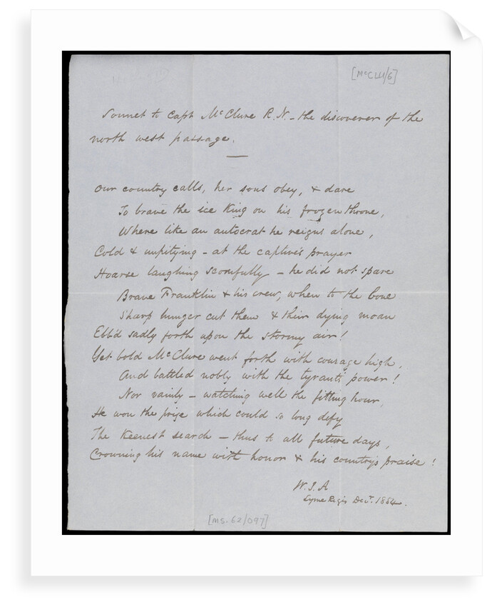 Sonnet addressed to Captain McClure by Robert John Le Mesurier Mcclure