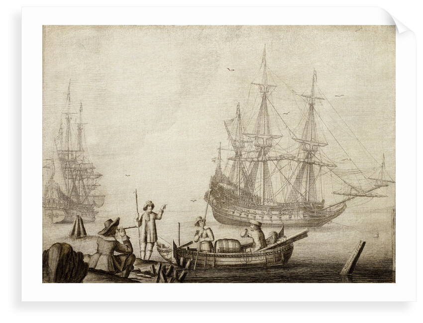 Men in a boat near two Dutch ships by Experiens Sillemans