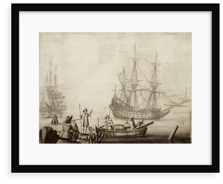Men in a boat near two Dutch ships by Experiens Sillemans