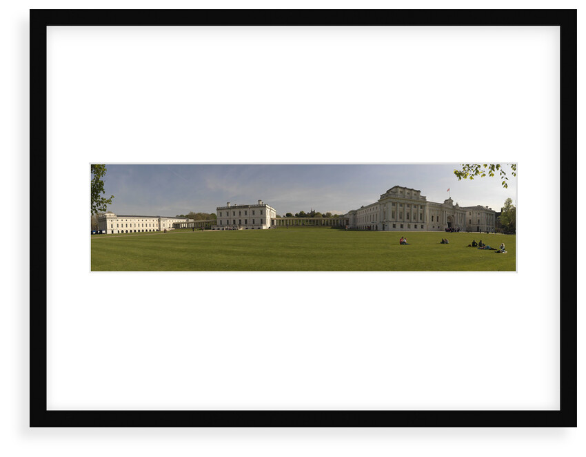 Panoramic view of National Maritime Museum, Queen's House and the Royal Observatory (ROG), with visitors on lawns by National Maritime Museum
