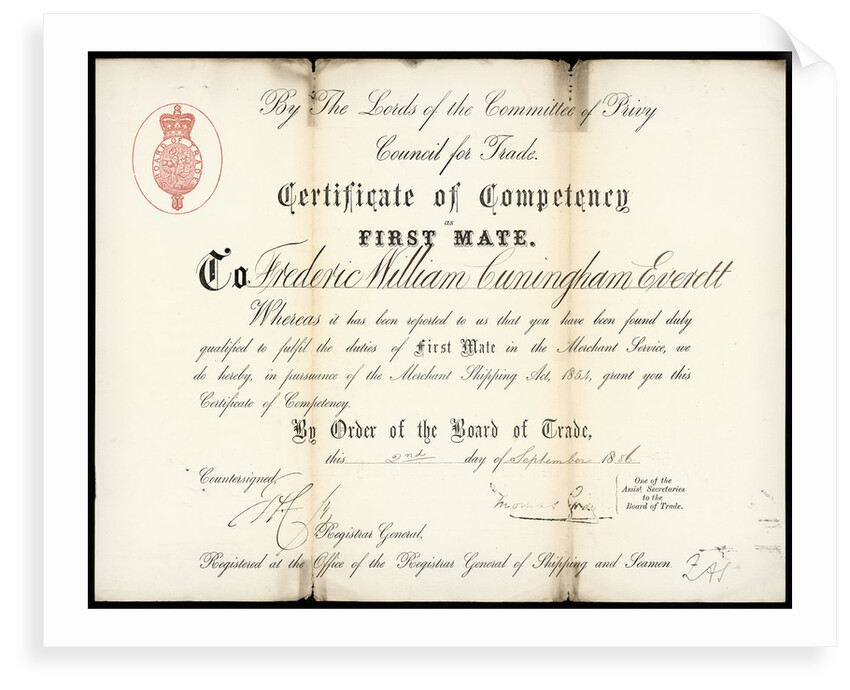 Certificate of Competency for First mate, Frederick William Cunningham Everett by unknown