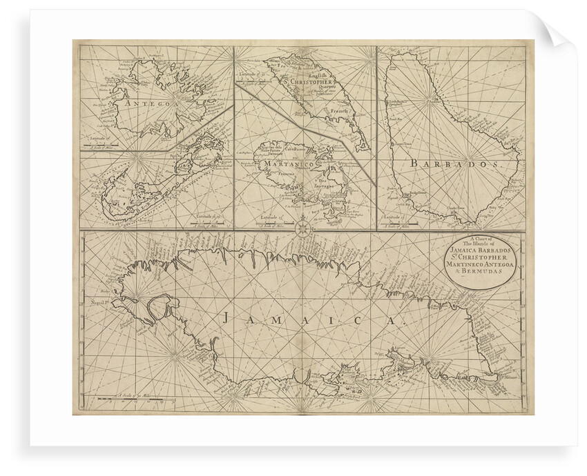 Chart of Jamaica, Barbados, St Christopher, Martinique, Antigua and Bermuda by John Seller