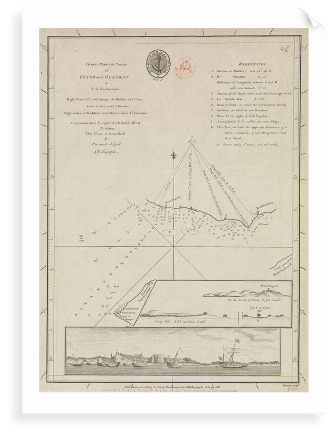 Chart of part of the coasts of Cutch and Guzarat by J G Richardson... communicated by Capt Archibald Blair to whom this plate is inscribed by his most obliged A Dalrymple. Harmar Script by British Admiralty