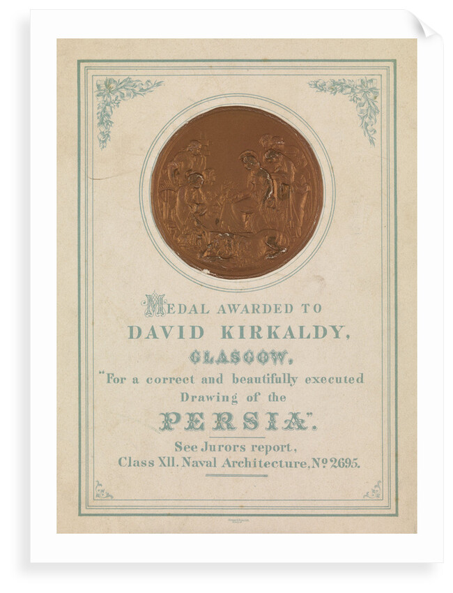 Medal awarded to David Kirkaldy, Glasgow.  For a correct and beautifully executed drawing of the Persia by unknown
