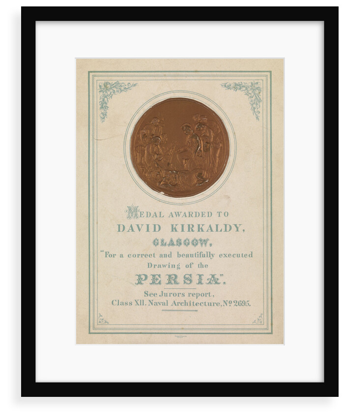 Medal awarded to David Kirkaldy, Glasgow.  For a correct and beautifully executed drawing of the Persia by unknown