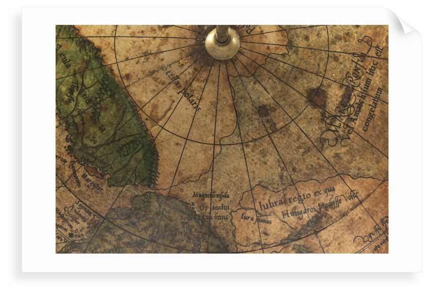 Terrestrial Globe, detail of the presumed location of the magnetic north pole by Gerard Mercator